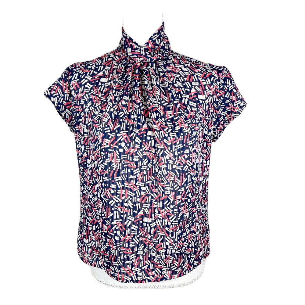 Vintage PS Illustrations Blouse Women 4 Blue Graphic Short Sleeve Turtleneck